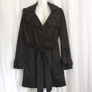 BOMBSHELL Black Trench Coat SZ M Stretchy Cotton Belt Button Front Pockets VGC